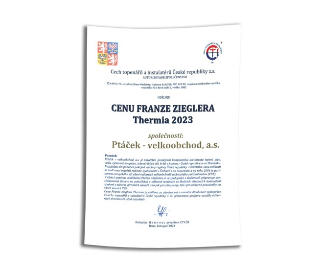 Prestížne odborové ocenenie Thermia získala firma Ptáček